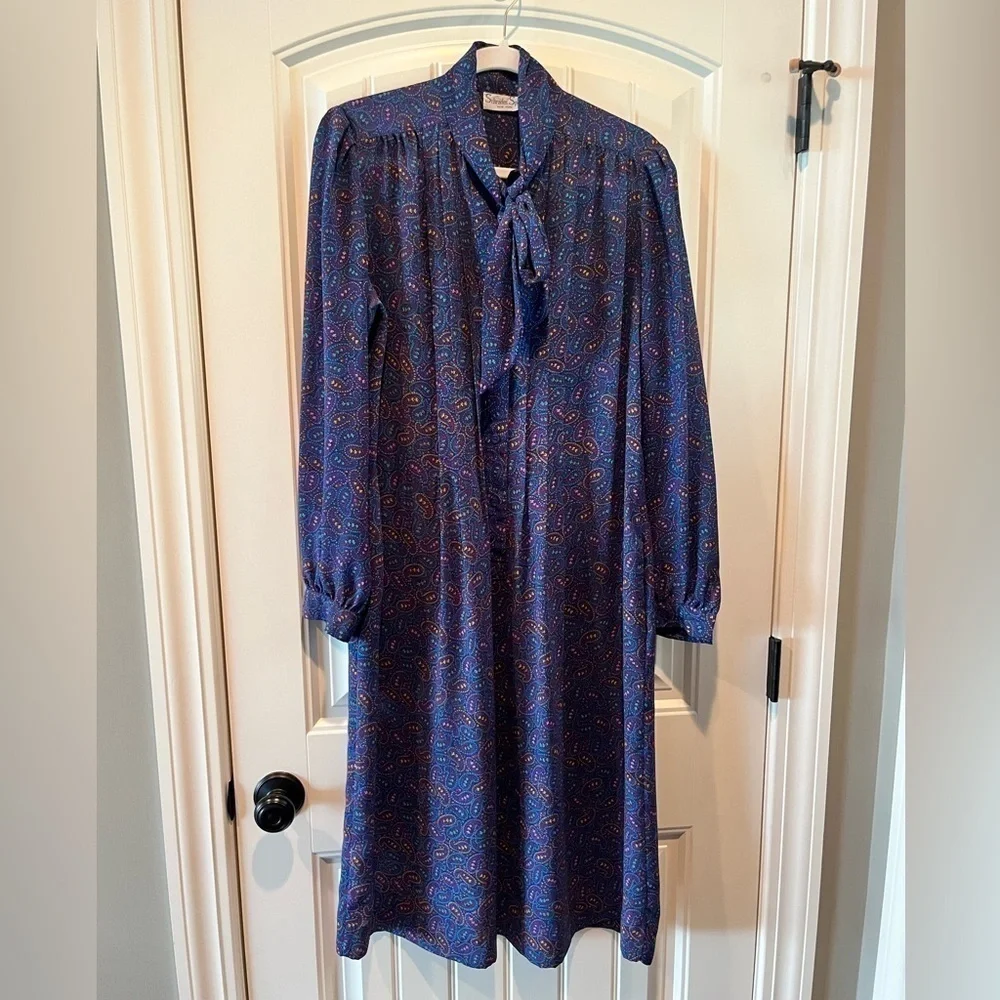Vintage purple Paisley midi/maxi long sleeve button dress with tie sz L 12 boho